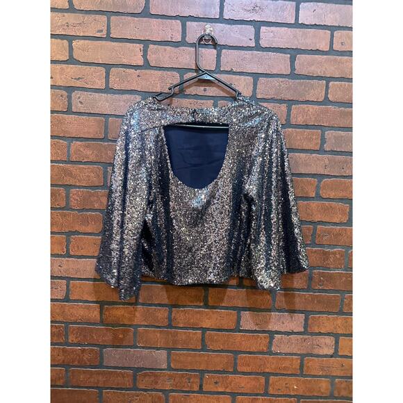 Lulus Captivate Navy Blue Sequin Bell Sleeve Crop Top Glamour Size Medium Party - Picture 4 of 11